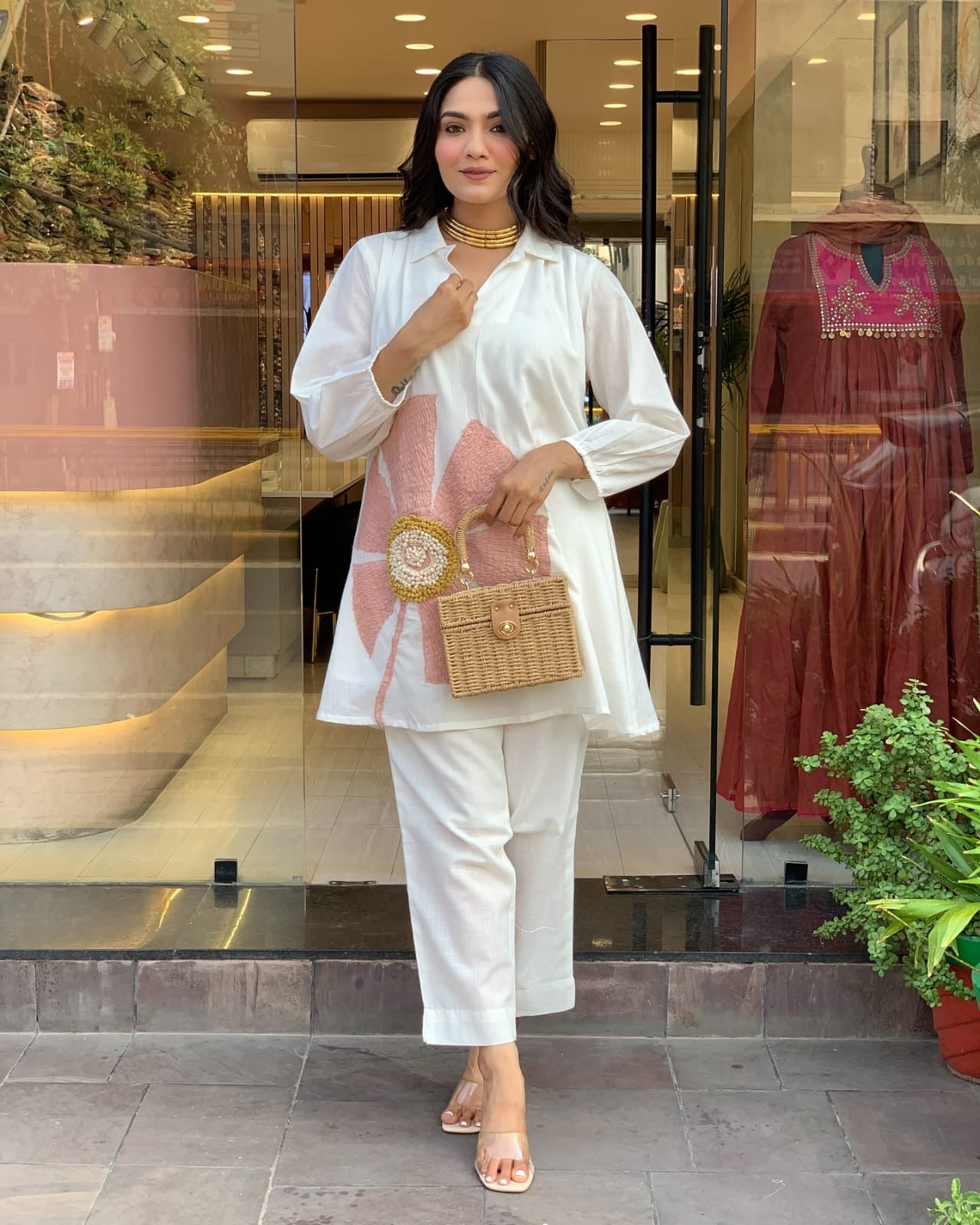 White Contemporary Tunic Set with 3D Blossom Appliqué