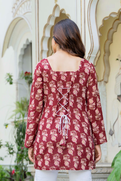 Maroon Floral Printed Cotton Square Neck Kurti