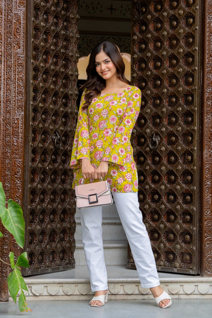Lime Green Floral Printed Cotton Square Neck Kurti
