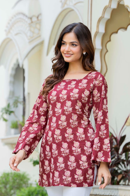 Maroon Floral Printed Cotton Square Neck Kurti