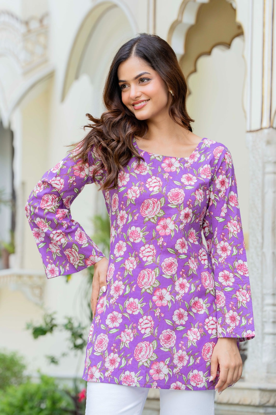 Lavender Floral Printed Cotton Square Neck Kurti