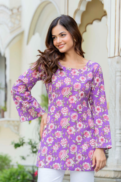 Lavender Floral Printed Cotton Square Neck Kurti