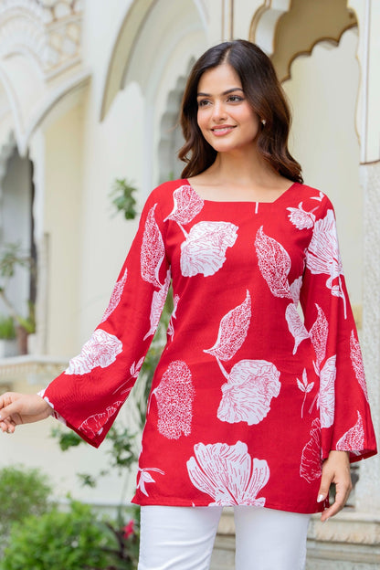 Fiery Red Botanical Print Cotton Square Neck Kurti