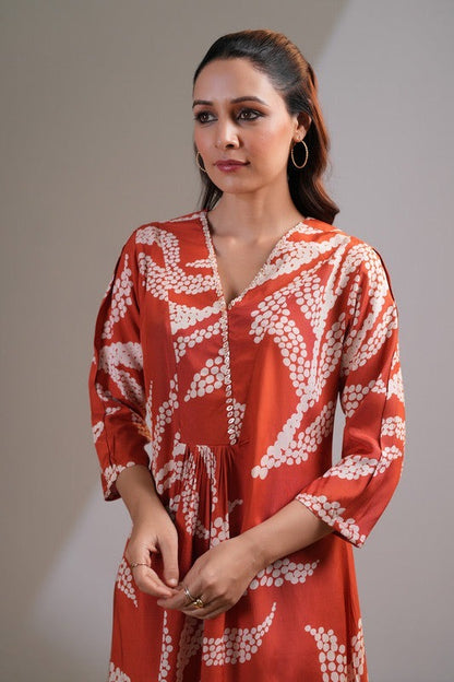 Brown Rust V-Neck Floral Printed Dress