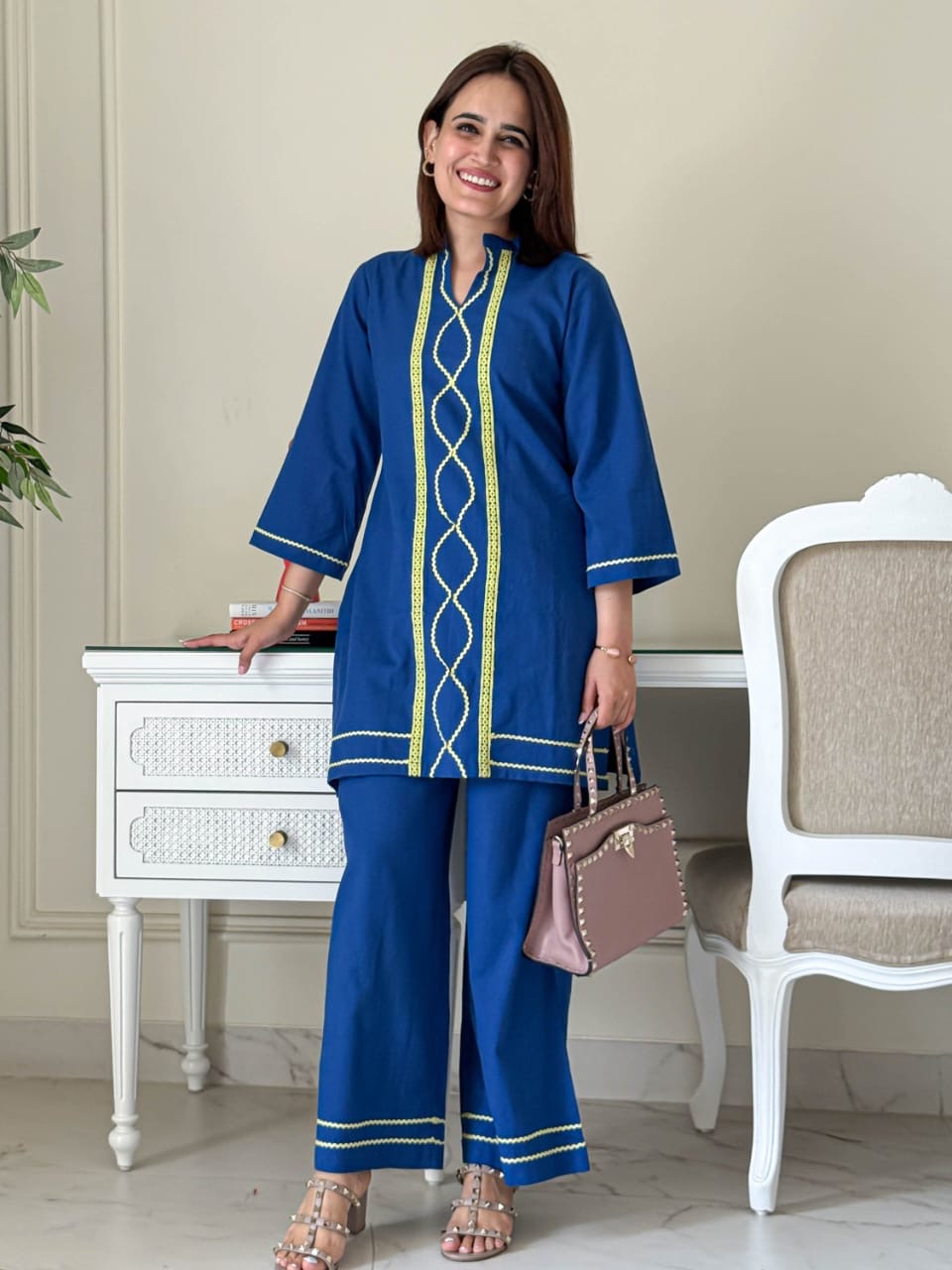 Royal Blue & Chartreuse Embroidered Co-ord Set