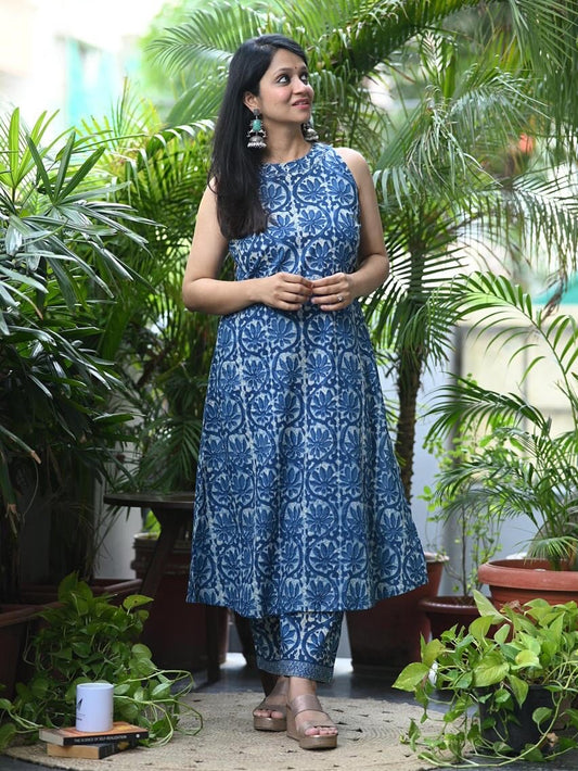 Indigo Blue Sleeveless Block Print Kurta Set