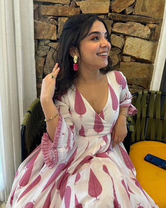 White & Pink Leaf Print Maxi Dress with Bell Sleeves