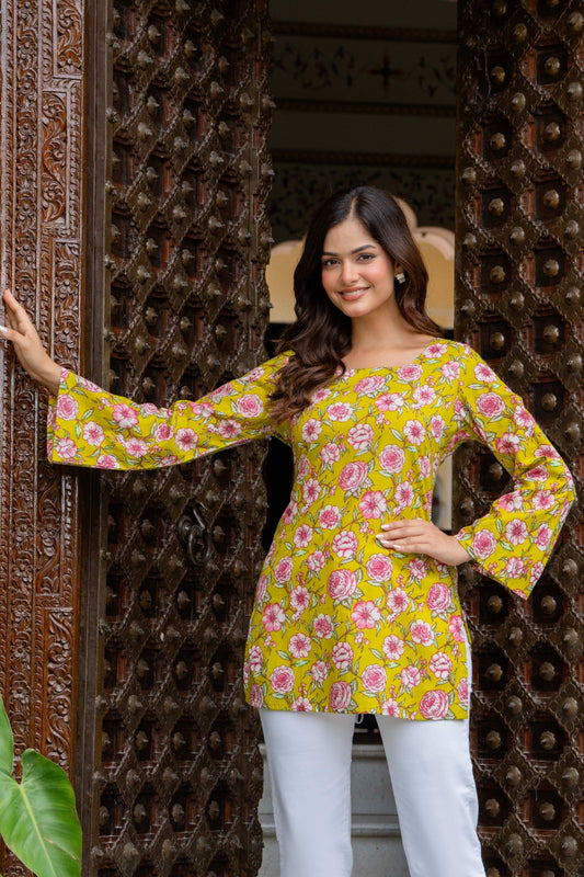 Lime Green Floral Printed Cotton Square Neck Kurti