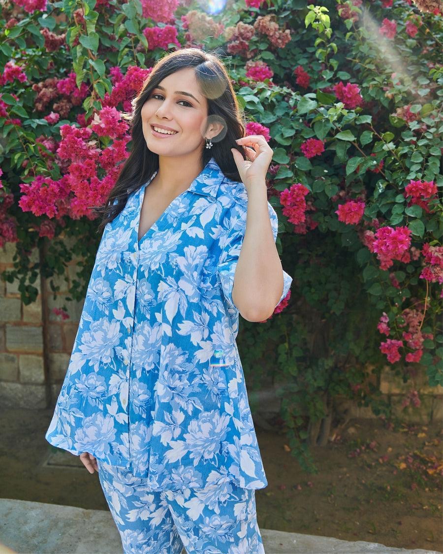 Blue Printed Cotton Loungewear co-ord Set