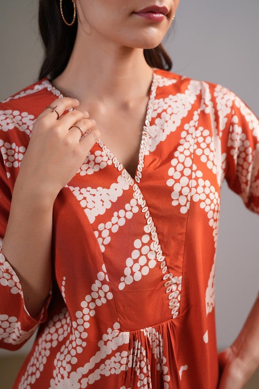 Brown Rust V-Neck Floral Printed Dress