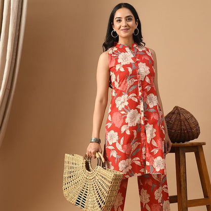 Vibrant Red Floral Co-ord Set with Mandarin Collar