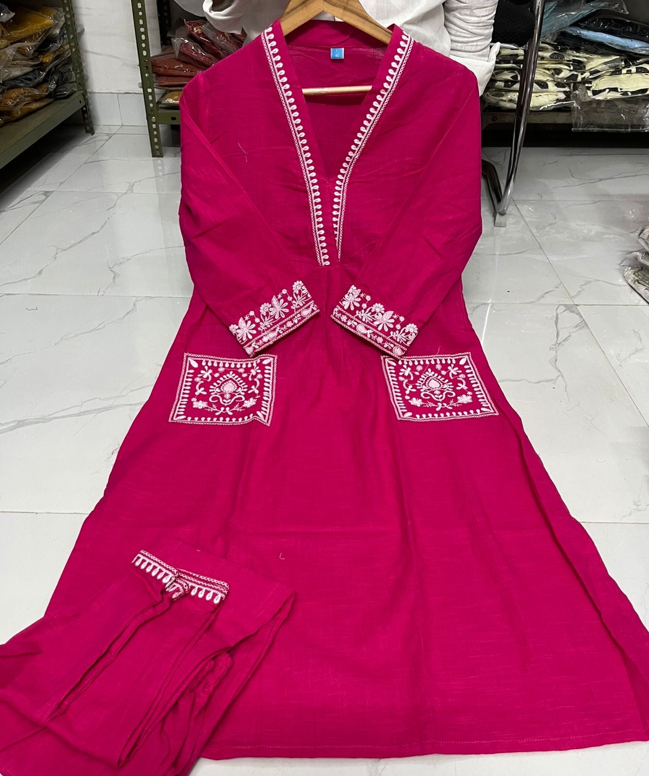 Fuchsia Pink and black Embroidered Kurta & Pant Set