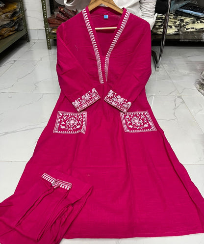 Fuchsia Pink and black Embroidered Kurta & Pant Set