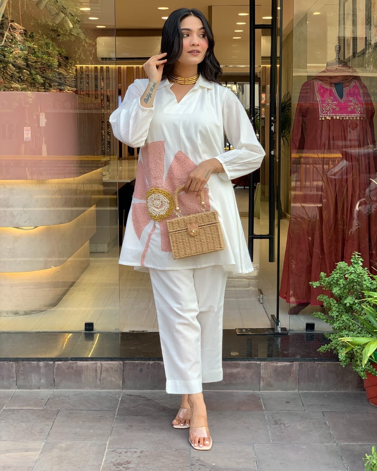White Contemporary Tunic Set with 3D Blossom Appliqué