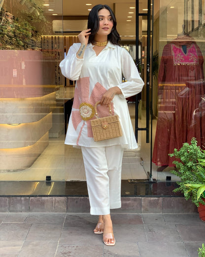 White Contemporary Tunic Set with 3D Blossom Appliqué