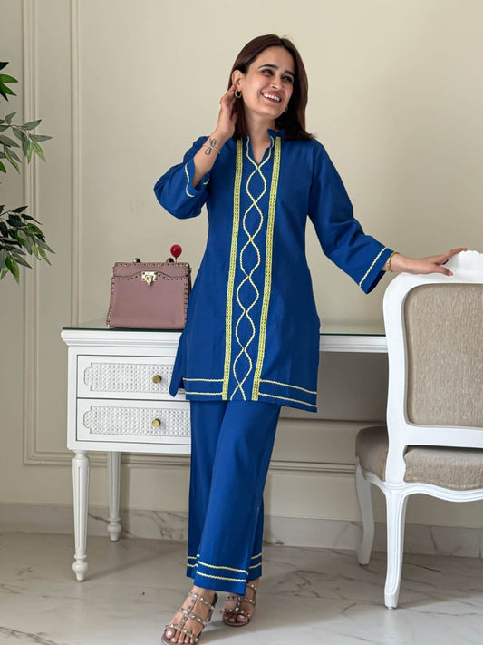 Royal Blue & Chartreuse Embroidered Co-ord Set