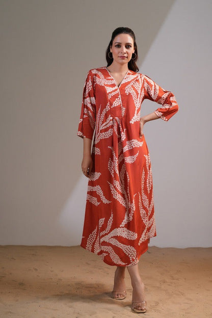Brown Rust V-Neck Floral Printed Dress