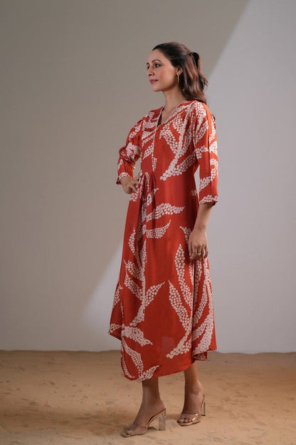 Brown Rust V-Neck Floral Printed Dress