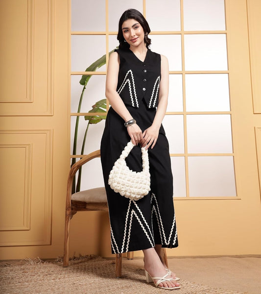 Elegant black co-ord set with zigzag lace