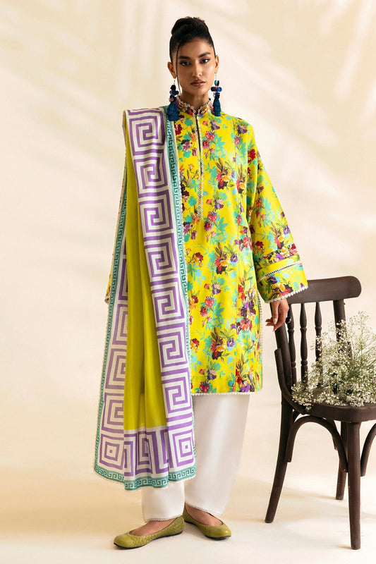 Vibrant Yellow Floral Print Kurta Set with Geometric Dupatta