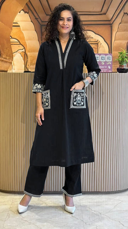 Fuchsia Pink and black Embroidered Kurta & Pant Set