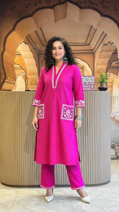 Fuchsia Pink and black Embroidered Kurta & Pant Set