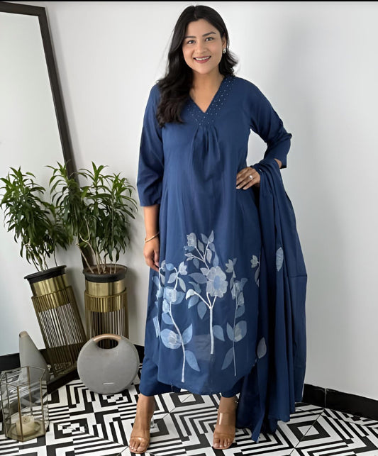 Midnight Bloom Printed Kurta Set with Dupatta