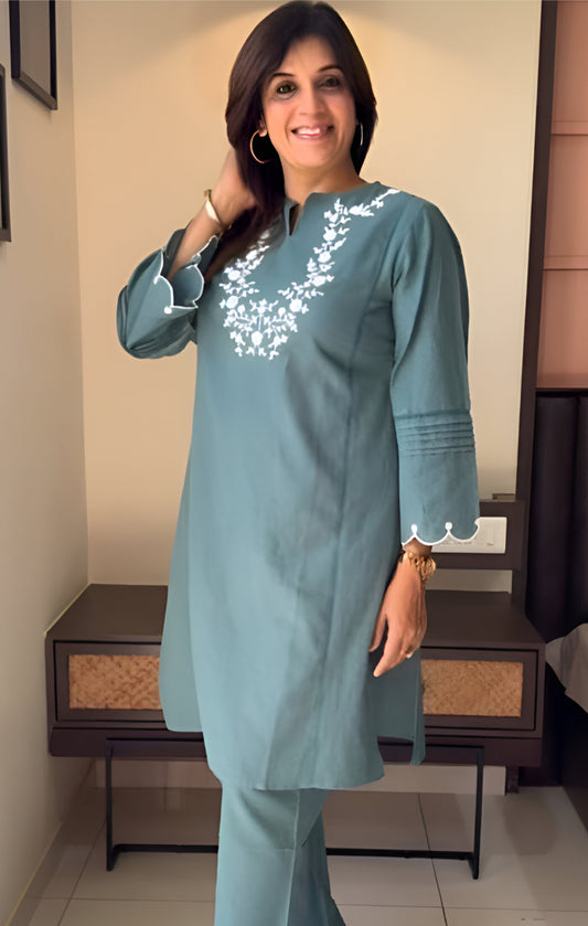 Dusty Blue Printed Kurta Set with Pleated Yoke