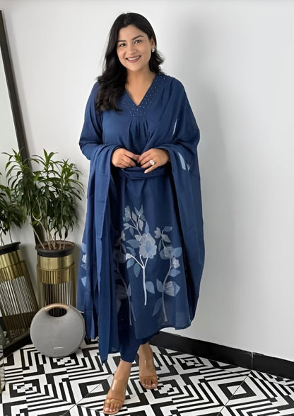 Midnight Bloom Printed Kurta Set with Dupatta